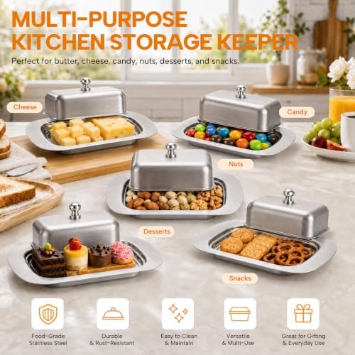 Sturdy Stainless Steel Butter Dish with Lid & Handle for Countertop