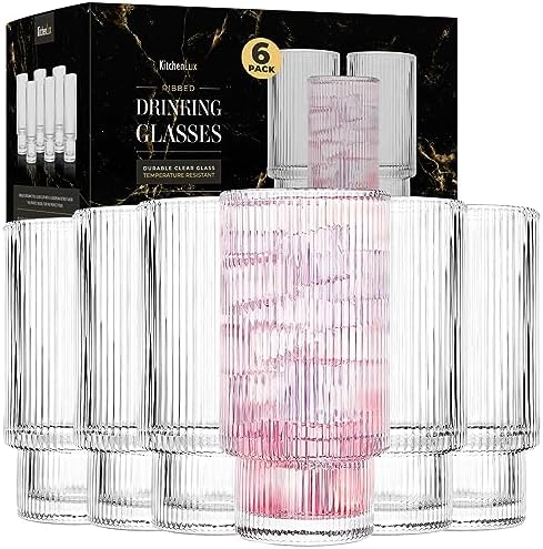 Kitchen Lux Ribbed Glass Cups 12oz (Set of 6) Highball Tall Glass