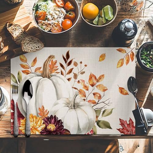 Pumpkin Maple Leaf Fall Placemats Set of 6, Cotton Linen Thanksgiving