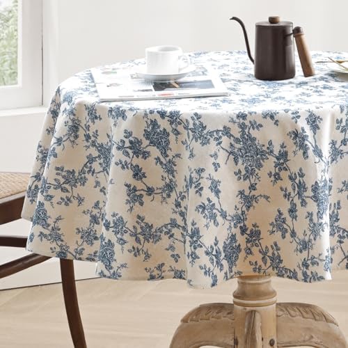 Cotton Linen Round Tablecloth, Blue Floral Table Cloth Round 47"