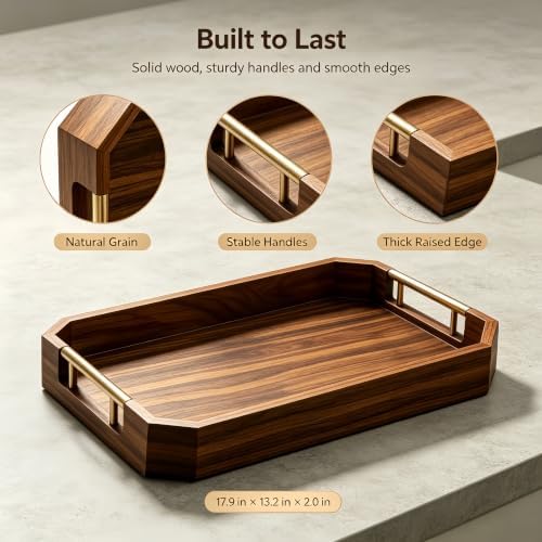 Wooden Serving Tray with Metal Handles, Acacia Wood Rectangular