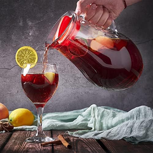 62 oz Glass Water Pitcher with Red Lid and Spout, Jug with Glass