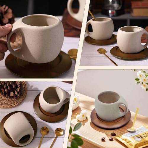 Ceramic Coffee Mug with Natural Wood Saucer & Spoon, 8.5oz Rustic
