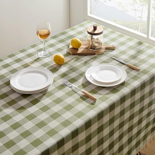 Softalker Gingham Rectangle Tablecloth with Tassel, Sage Green, 55" x