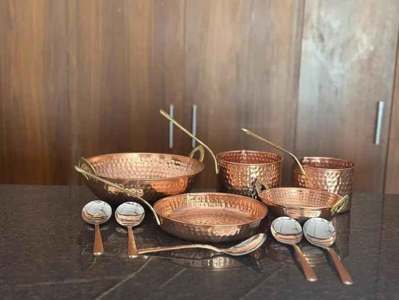 Pure Copper Cookware Set with Hammered Kadai, Saucepan & Fry Pan