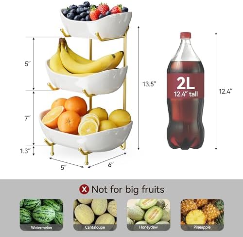 Ceramic 3 Tier Fruit Bowl, Fruit Basket for Kitchen Counter, Gold