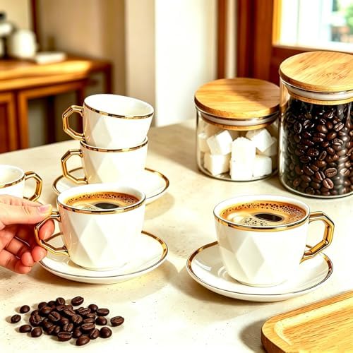 Coffee Cup Set of 6 with Saucers, 3.5 OZ Ceramic Demitasse Espresso