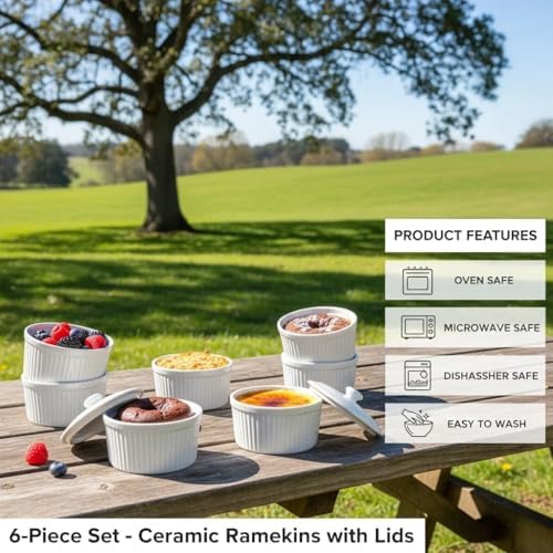 Ceramic Ramekins with Porcelain Lids, 6 Oz Creme Brulee, Souffle