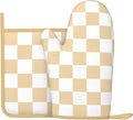 Checkered Beige Silicone Oven Mitts Pan Mats Set of 2, Heat Resistant Gloves by Cayiibe