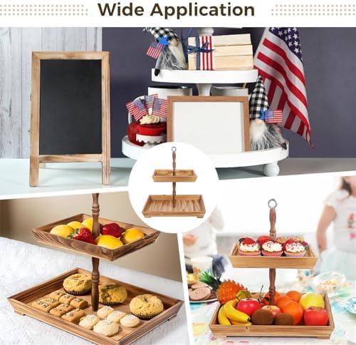 Wood Tray, Farmhouse Serving Stand with Metal Handle, 2-Tier Rustic