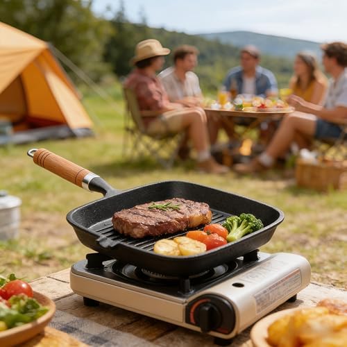 Cast Iron Grill Pan 9 Inch Griddle Pan Skillet with Kitchen Tong & Brush for Steak Searing