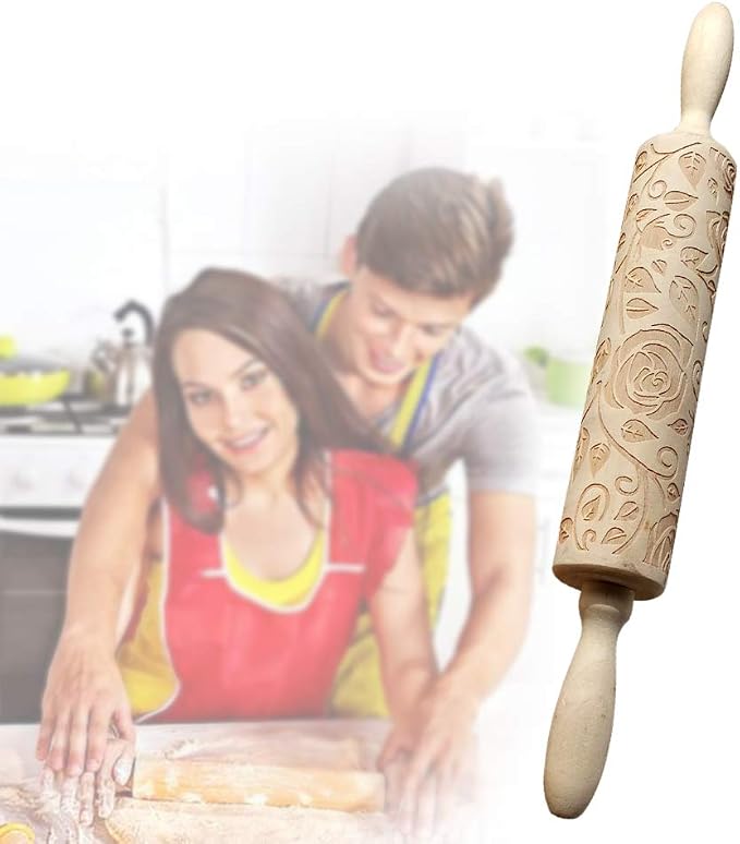 Wooden Rolling Pin, Rose Flower Embossed Engraved Carved Rolling Pin, - Image 2