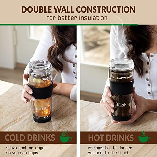 Double Wall Glass Tumbler, 14-Ounce Glass Travel Coffee Mug with Lid