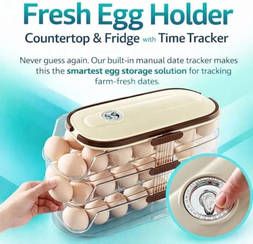 Egg Organizer for Refrigerator, 3-Tier Auto-Roll, Holds 42 Eggs