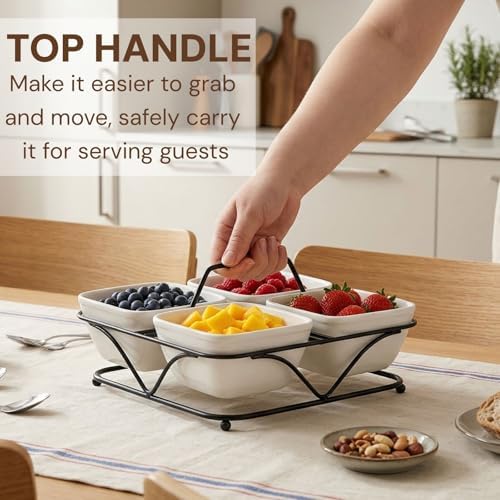 Pumtus Ceramic Divided Serving Dishes, 4 Removable Snack Bowls with Metal Stand, 9 Inch Appetizer Platter with Handle, Dip Bowls for Party, Condiment Serving Relish Tray for Chips & Dips, Nut, Candy