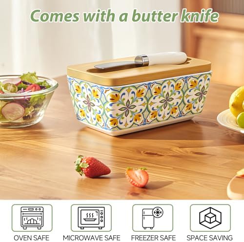 KZJZKJ Ceramic Butter Dish with Lid, Large Green Butter Keeper for 2