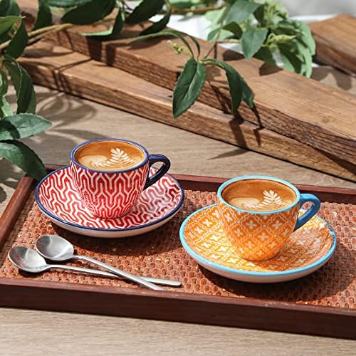 Selamica Ceramic 2 OZ Espresso Cups with Saucers, Set of 6, Assorted