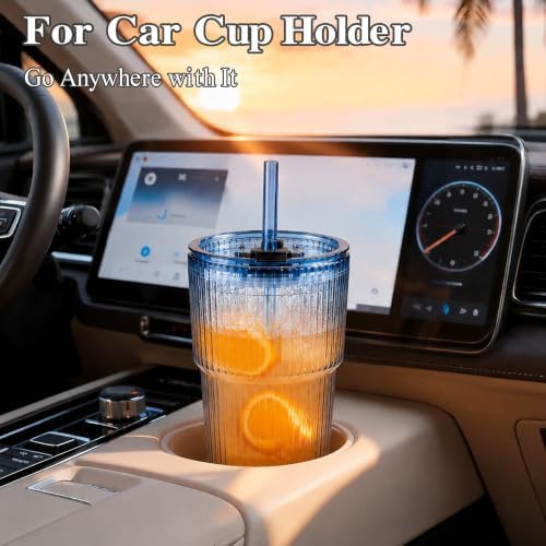 Glass Cups with Lids and Straws, Iced Coffee Glass Tumbler