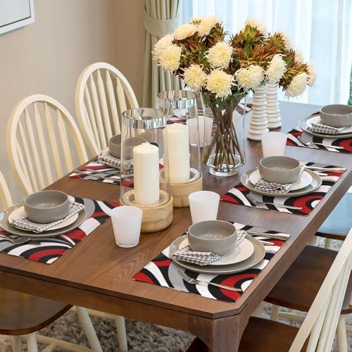 Black Red Retro Modern Swirl Linen Placemats Set of 4, Washable Heat