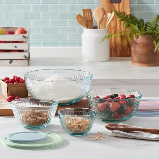 Pyrex Ribbed Glass Mixing Bowl Set with Pastel Lids, 8 Piece Nesting