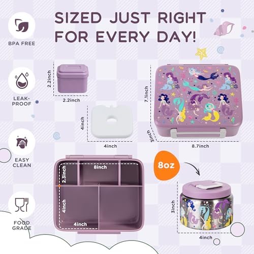 Kids Bento Lunch Box with 8oz Thermo, Ice Pack & Dividers for School