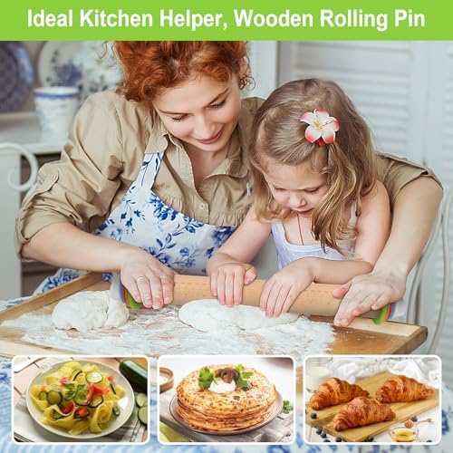 Wood Rolling Pin with Thickness Rings, Adjustable Wooden Rolling Pins