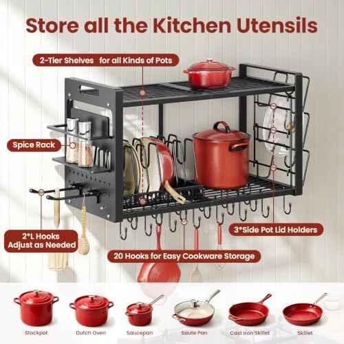 Pot Rack Wall Mount,4 in 1 Hanging Heavy Duty Metal Pan Shelf Organizer with 20 Hooks 3 Pot Lid Holder with 8 Adjustable Dividers Loads 100lbs for Kitchen Cookware and Utensil storage