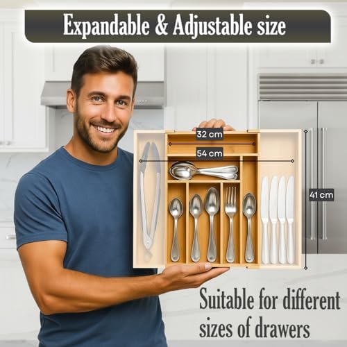 9-Slots Bamboo Drawer Organizers for Kitchen, Expandable Silverware