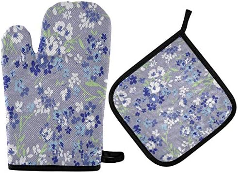 QMXO Summer Floral Flower Oven Mitts Quilted Cotton Lining Potholders
