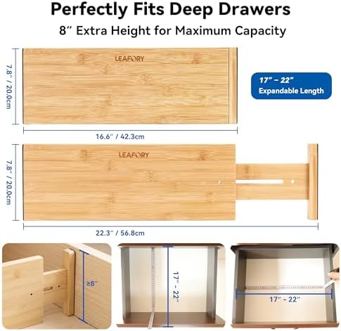 4 Pack 8" Deep Bamboo Drawer Dividers, 17-22" Expandable Kitchen