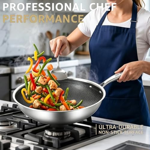 Inqibee 9.5 Inch Hybrid Stainless Steel Wok Pan with Lid, Ceramic Coating