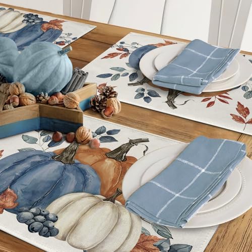 Fall Blue White Pumpkin Placemats Set of 4