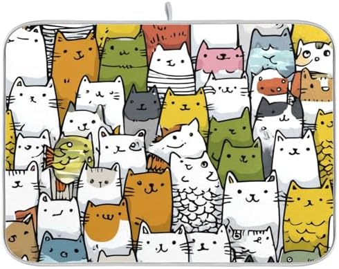 OTVEE Colorful Cat Art Dish Drying Mat for Kitchen Counter Absorbent