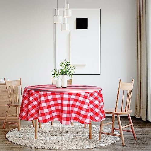 Hiasan Checkered Round Tablecloth 60 Inch Waterproof, Red and White