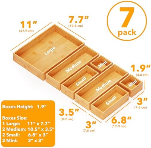 SpaceAid 7-Piece Bamboo Drawer Organizer Storage Boxes Set, Wood Tray