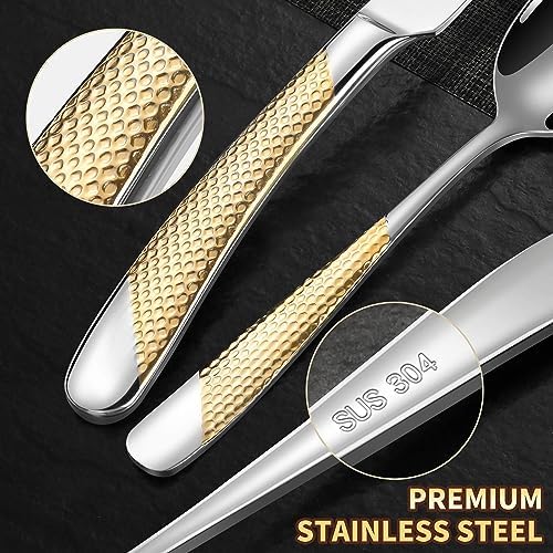 Lemeya 20-Piece Hammered Silver Gold Silverware Set for 4,18/10