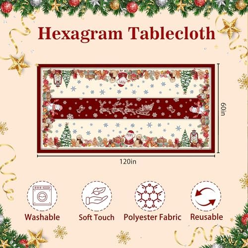 Hexagram Christmas Tablecloth Rectangle 60x120 Inch, Red Snowman