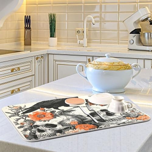 OTVEE Skull in Dark Art Dish Drying Mat for Kitchen Counter Absorbent