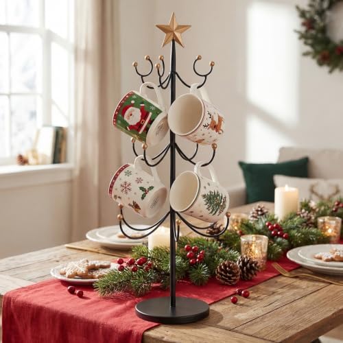 Suclain Christmas Mug Holder with Golden Star Coffee Cup Display Rack