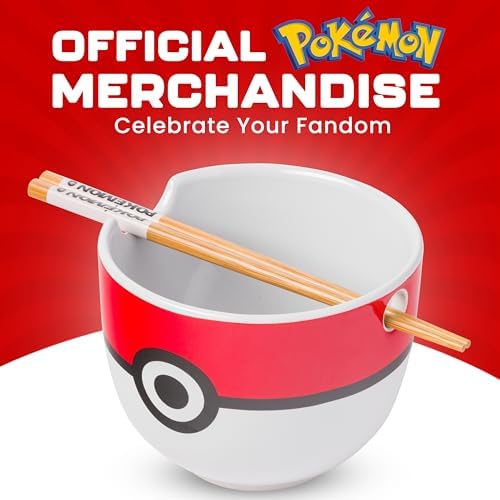 Silver Buffalo Pokemon Pokeball, Ramen Bowl with Chopsticks, 20oz
