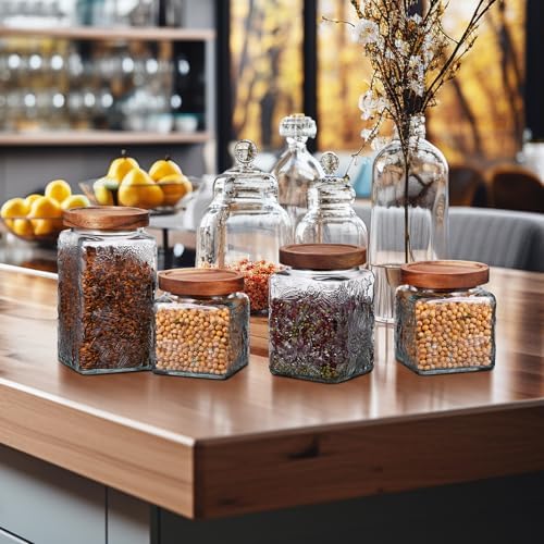 Suclain 5 Pcs Sunflower Vintage Glass Jars Airtight Lid 17/24/34