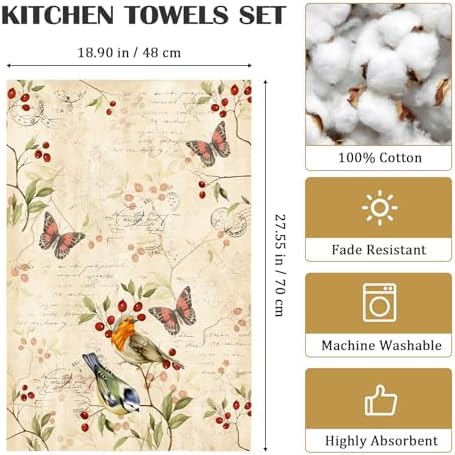 Vintage Birds Tea Towels Set of 4, 100% Cotton, 18.9 x 27.5 Inch