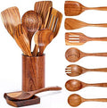 9 PCS Wooden Spoons for Cooking, Utensils With Holder, Teak Kitchen