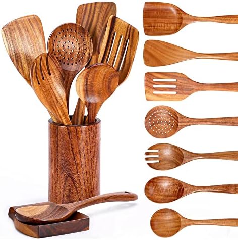 9 PCS Wooden Spoons for Cooking, Utensils With Holder, Teak Kitchen