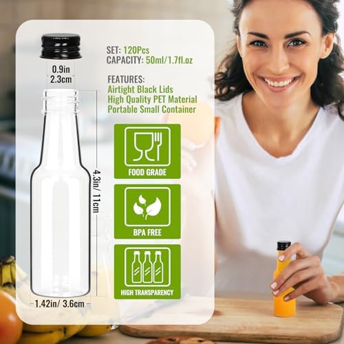 Mini Liquor Bottles 50ml/1.7oz 120Pack, Plastic Shot Bottles with Caps