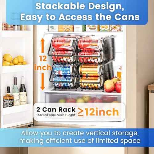 Stackable Soda Can Organizer Rack, Stacking Can Dispensers Refrigerator Organizer Bins Pop Soda Dispenser Canned For Fridge, Freezer, Kitchen, Cabinets (Black, 6)