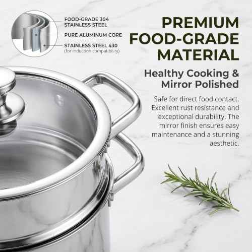 Stainless Steel Cookware Set, 16-Piece Pots and Pans Set Non Toxic, Kitchen Induction Cookware with Glass Lids, Steamer, Utensil Sets, Pot Protectors & Apron, Oven & Dishwasher Safe, Silver