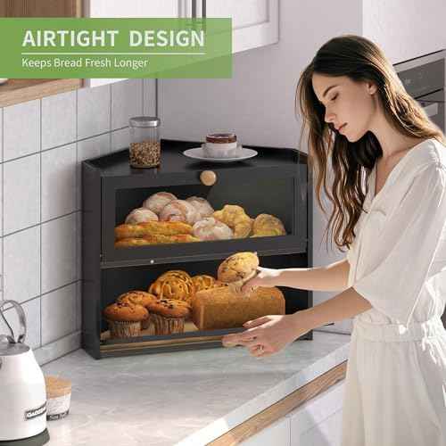 JANSNIMEN Corner Bread Box for Kitchen Countertop Bamboo Bread Holder