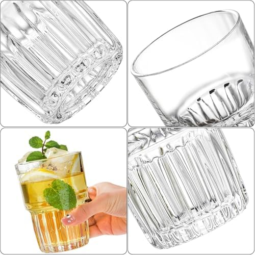 DEAYOU 8 Pack Drinking Glasses Set, 11 OZ Clear Striped Iced Tea Water