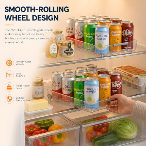 2 Pack Profile Fridge Organizer Bins with Wheels, 2.3'' Low Clear PET